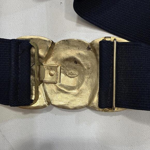 Vintage Nani Lewis XXL Elastic Waistband Blue Large Gold Statement Belt Buckle - Picture 5 of 10